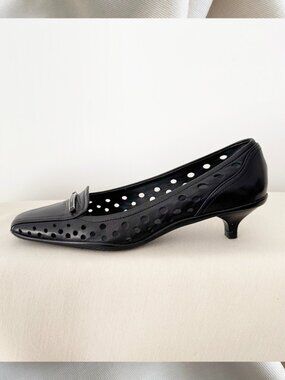 Vintage Prada Kitten Heel Perforated Leather Pumps in Black, size 35